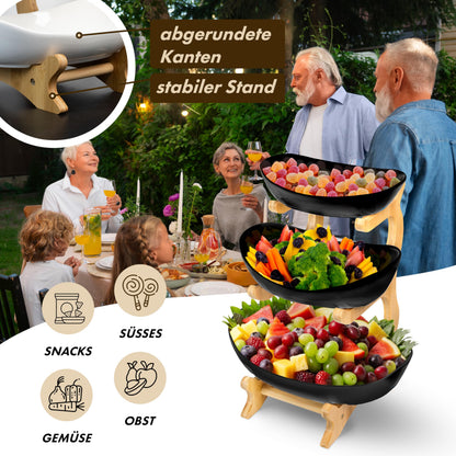 VANEJA Etagere 3-stöckig, Obstschale Keramik schwarz mit Bambusständer