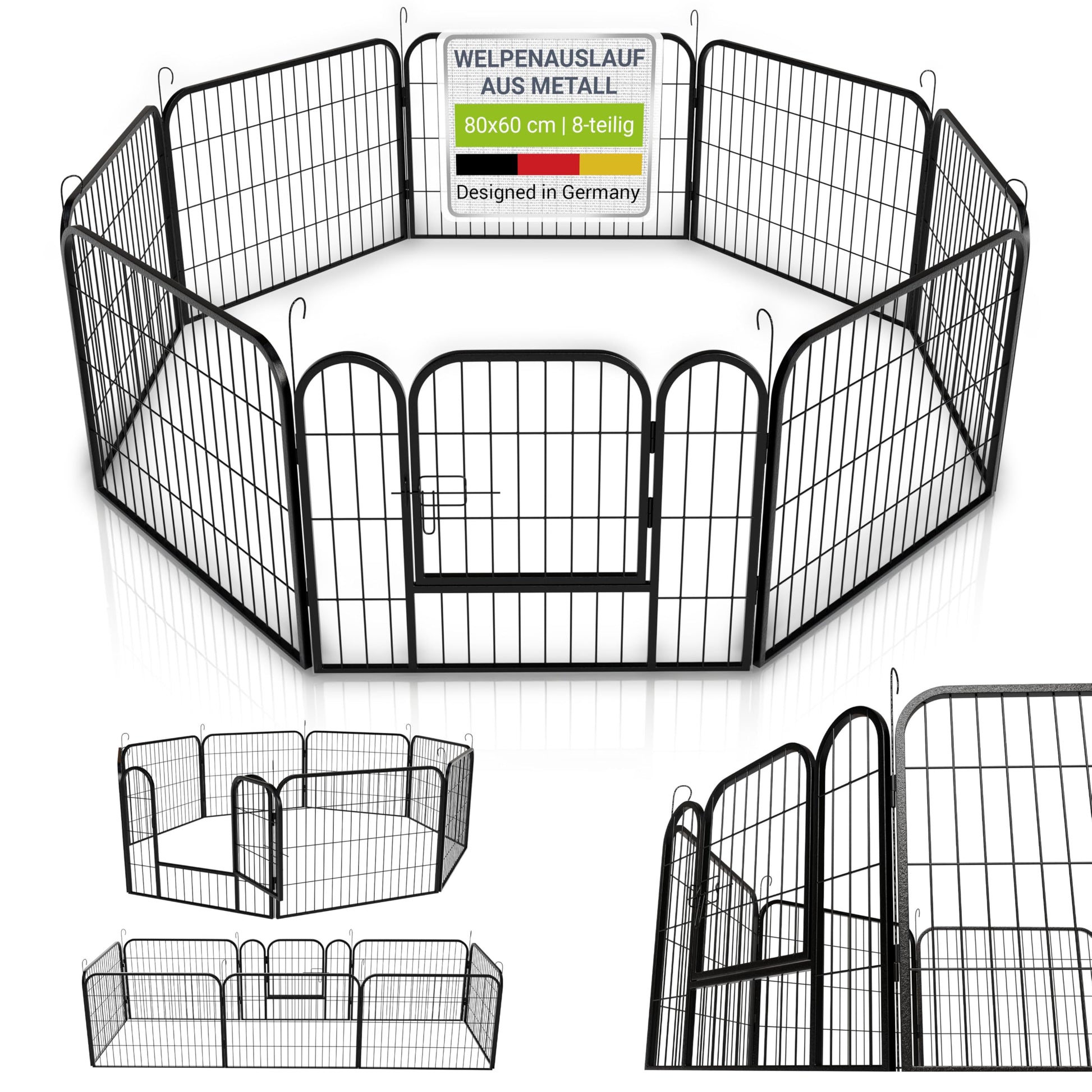 Juskys Welpenlaufstall 8-teilig Metall – Freigehege 160x160x60 cm. Quadratischer Laufstall aus 8 Metallgitterelementen. Bietet sicheren Auslauf für Welpen.