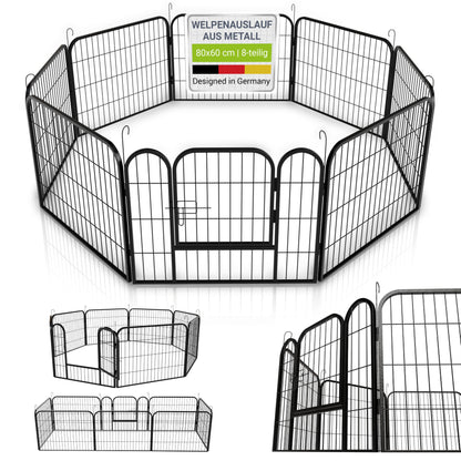 Juskys Welpenlaufstall 8-teilig Metall – Freigehege 160x160x60 cm. Quadratischer Laufstall aus 8 Metallgitterelementen. Bietet sicheren Auslauf für Welpen.