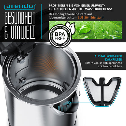 Arendo Wasserkocher Temperaturwahl - Edelstahl 1.7L