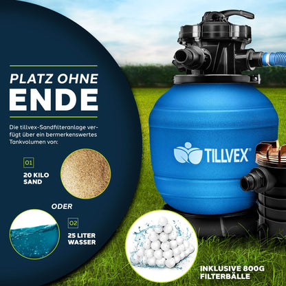 tillvex Sandfilteranlage 10 m³/h Poolfilter mit Filterbällen – Blau
