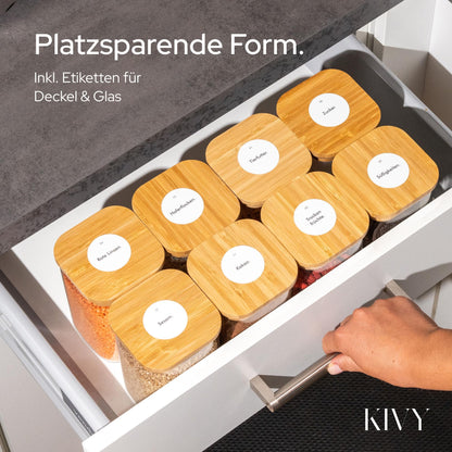 KIVY Vorratsgläser eckig 12er Set – Bambus, Etiketten