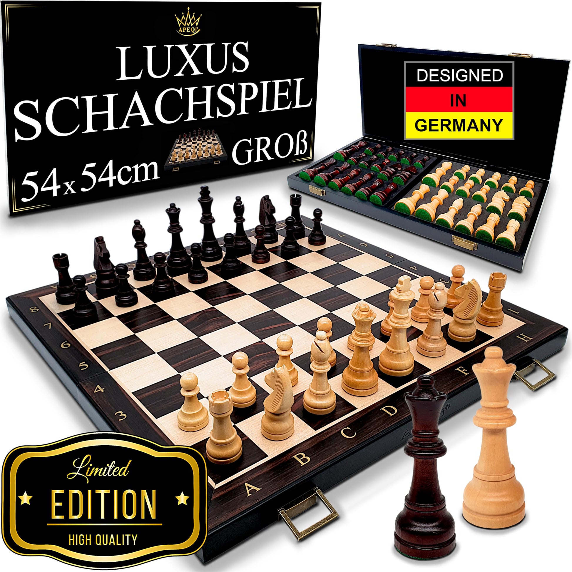 APEQi® Luxus Schachspiel Holz – Gross 54x54cm klappbar, mit Kontrastfeldern.