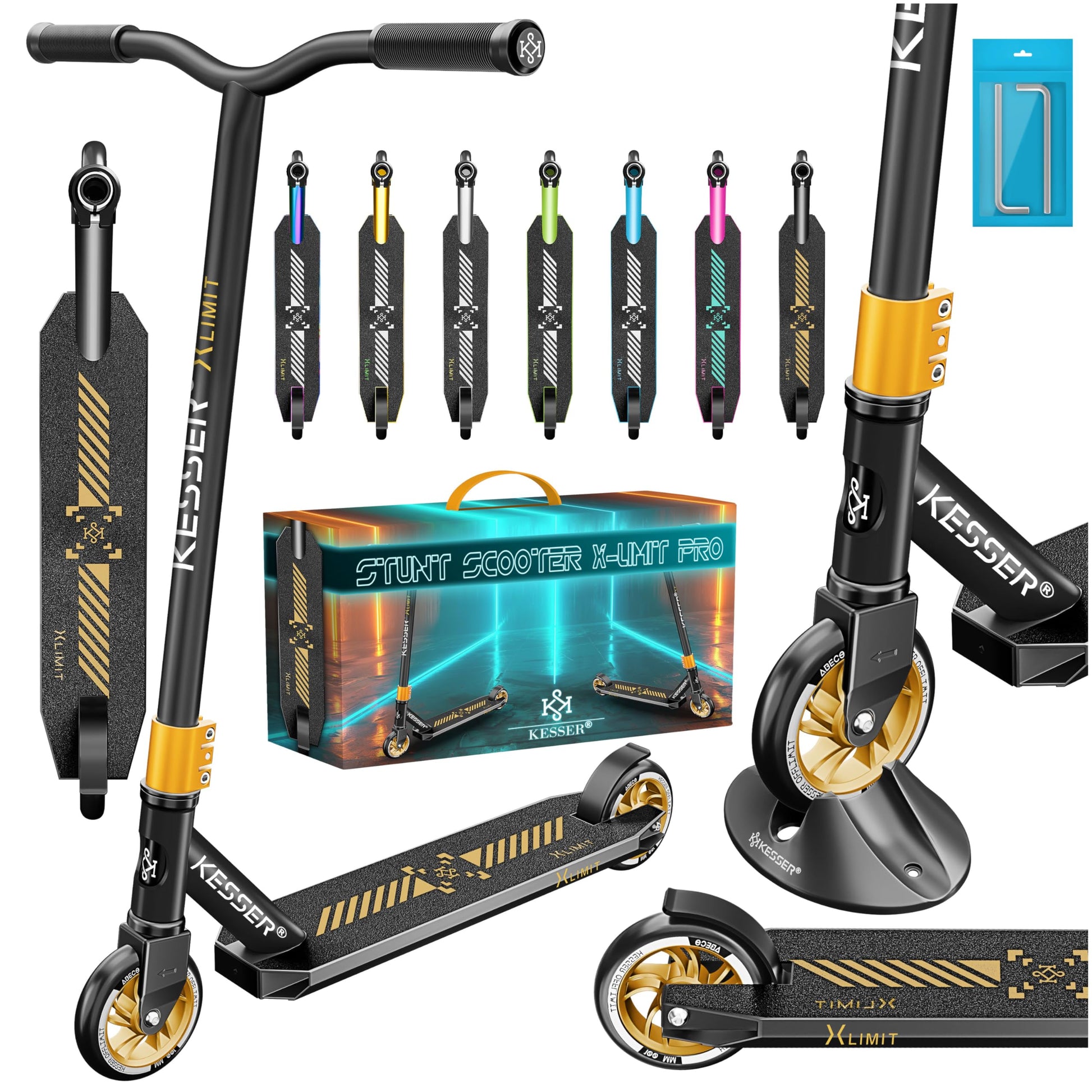 KESSER® Stunt Scooter X-Limit-Pro – Stuntscooter 360° Lenkung. Stabiler Roller mit T-Bar Lenker für Freestyle-Tricks in Skateparks.