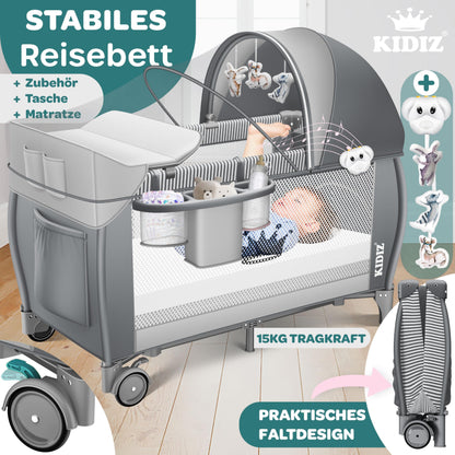 Kidiz Reisebett Baby klappbar 120x60 Grau mit Matratze