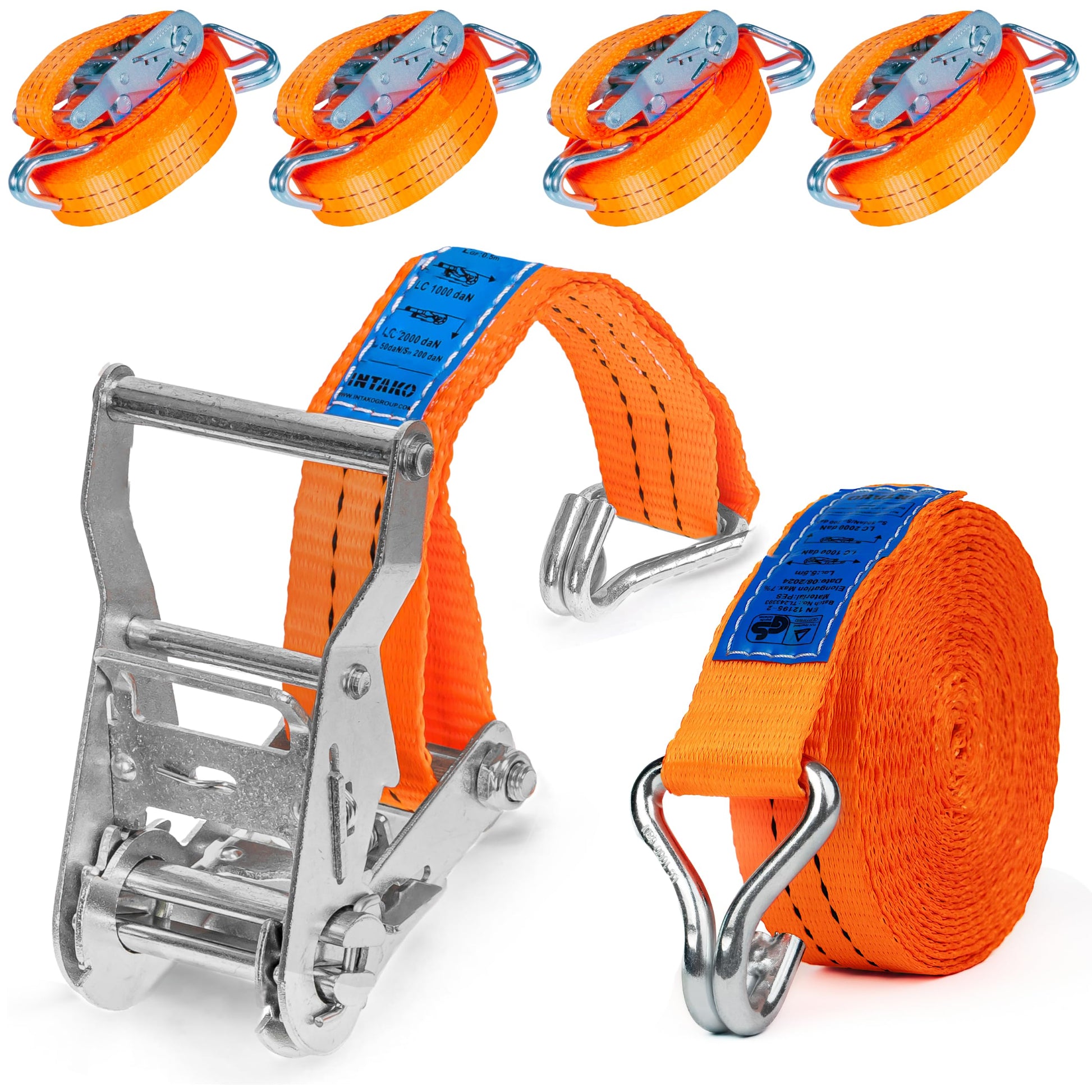 INTAKO Ratschenspanngurte mit Haken 8 m, 2000 kg, 4 Stück, orange – Polyester-Gurtband 35 mm zur Ladungssicherung
