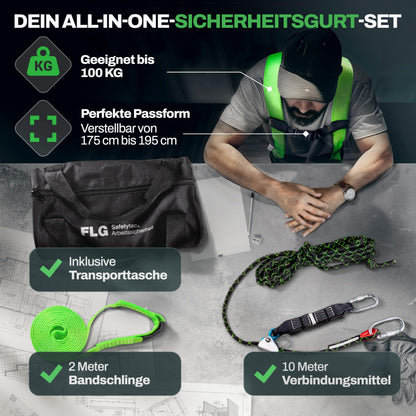FLG Safetytec Fallschutz Komplettset 2-Punkt – 10m Verb., 2m Bandschlinge