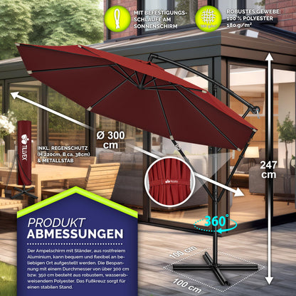 tillvex Ampelschirm Aluminium Ø 350 cm mit Kurbel, UV-Schutz, Rot
