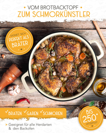 KRUSTENZAUBER Gusseisen Topf als Schmortopf mit Deckel - 26cm Emaille Topf als Gusseisen Bräter oder Brotbacktopf - Backofengeeigneter Dutch oven Cast Iron Pot als hochwertiger Kochtopf inkl. Rezepte
