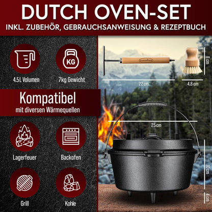 GUSSKÖNIG Dutch Oven 4.5L Gusseisen Feuertopf – Eingebrannt mit Füssen