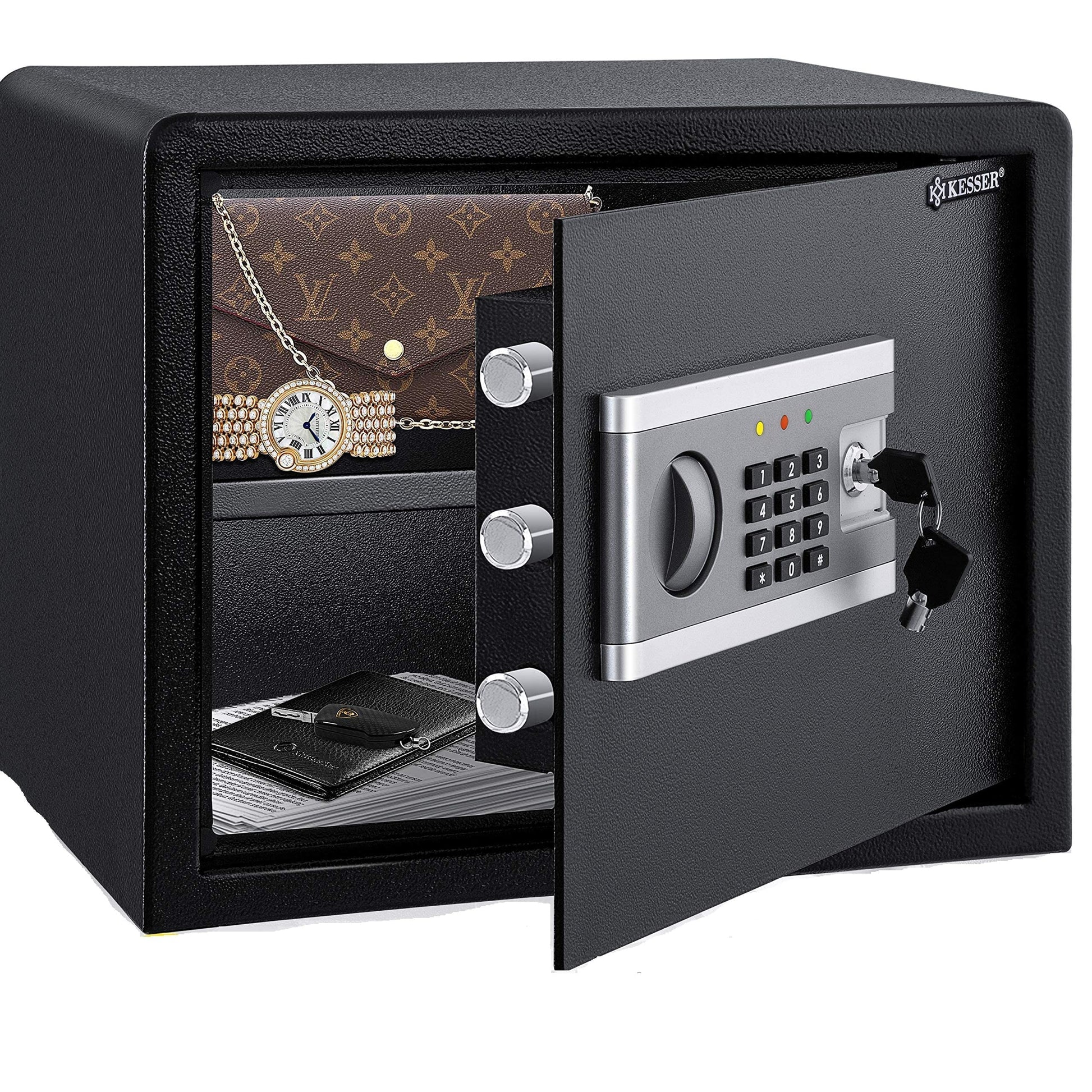KESSER Elektronischer Tresor Möbeltresor. Kompakter, grauer Stahltresor (31x20x20cm) mit digitalem Code-Schloss zur sicheren Aufbewahrung von Wertsachen in Möbeln.