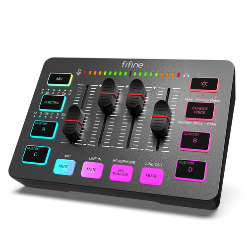 FIFINE MI19 Gaming Audio Mixer – Mischpult mit XLR und RGB, Bedienelemente an der Vorderseite