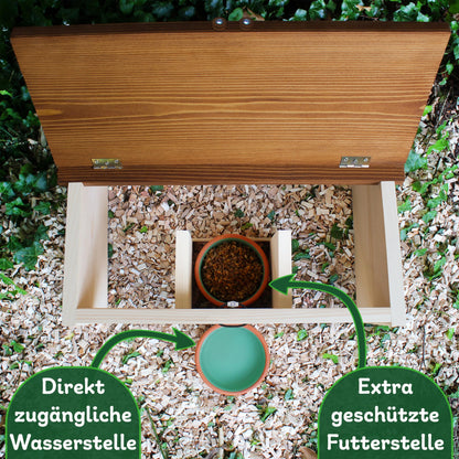 ERDENFREUND® Igelfutterhaus mit Rattenklappe, 2er Napf-Set