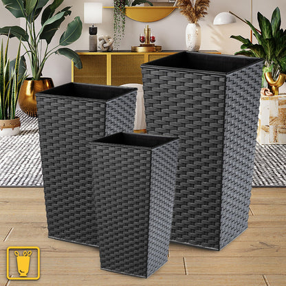 KADAX 3er Set Pflanzkübel mit Innentopf – Grafit Rattan H 57-75 cm