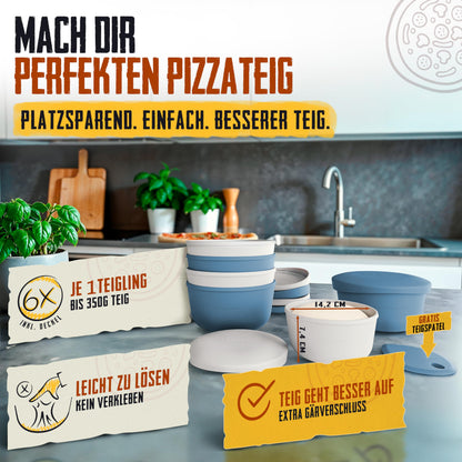 LOEWERK Pizzaballenbox Pizzateig 6er Set mit Deckel – Blau/Grau