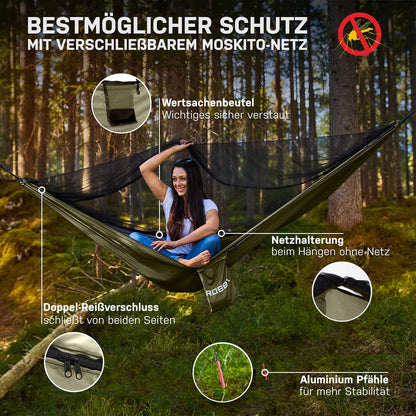 ROBBX Hängematte Outdoor mit Moskitonetz für 2 Personen, 300 kg, Oliv