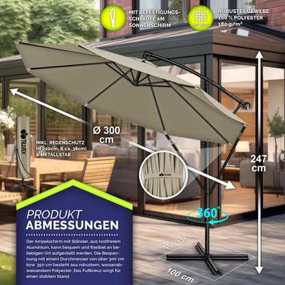 tillvex Ampelschirm Aluminium Ø 350 cm mit Kurbel, Abdeckung, braun
