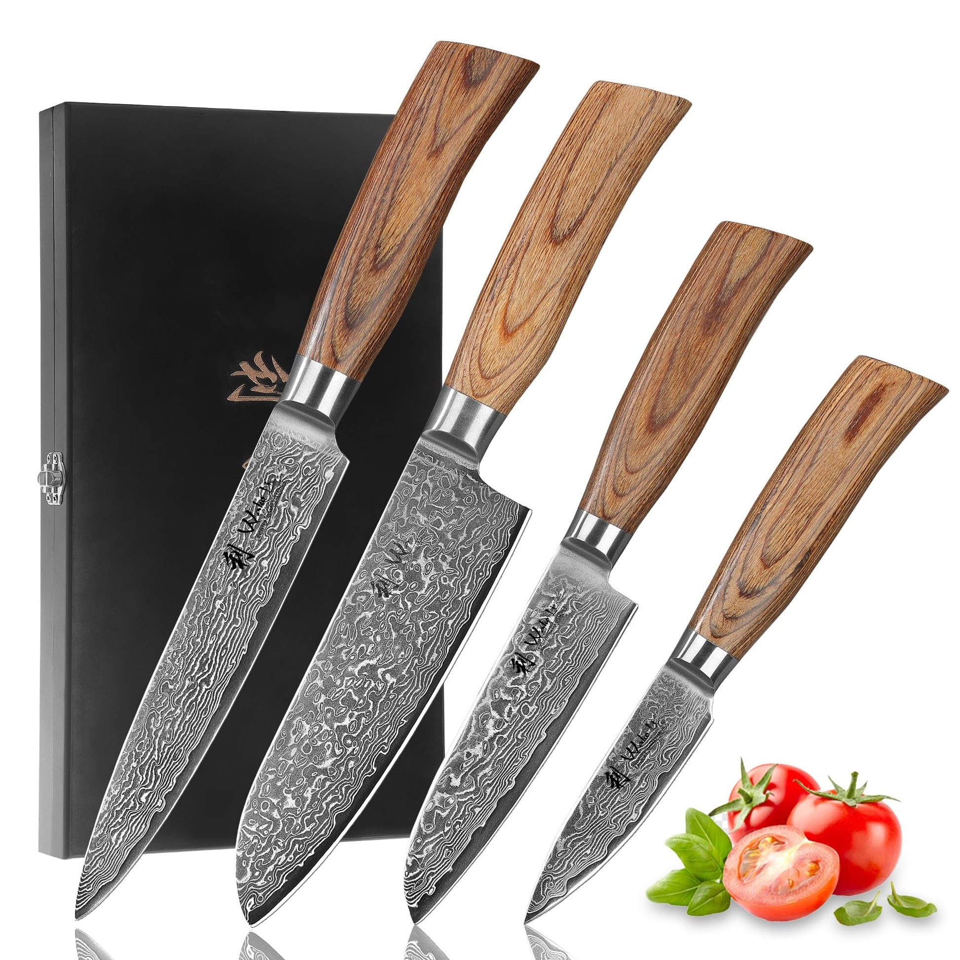 Wakoli EDIB Pro Damastmesser-Set 4er – Pakkaholz: 4 Messer mit Damastklingen und Pakkaholzgriffen zum Schneiden von Lebensmitteln in der Küche.