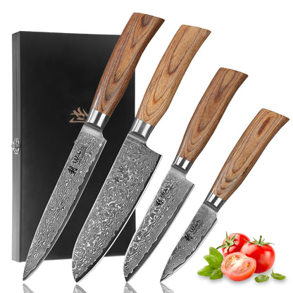 Wakoli EDIB Pro Damastmesser-Set 4er – Pakkaholz: 4 Messer mit Damastklingen und Pakkaholzgriffen zum Schneiden von Lebensmitteln in der Küche.