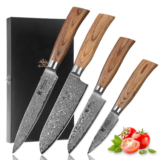 Wakoli EDIB Pro Damastmesser-Set 4er – Pakkaholz: 4 Messer mit Damastklingen und Pakkaholzgriffen zum Schneiden von Lebensmitteln in der Küche.