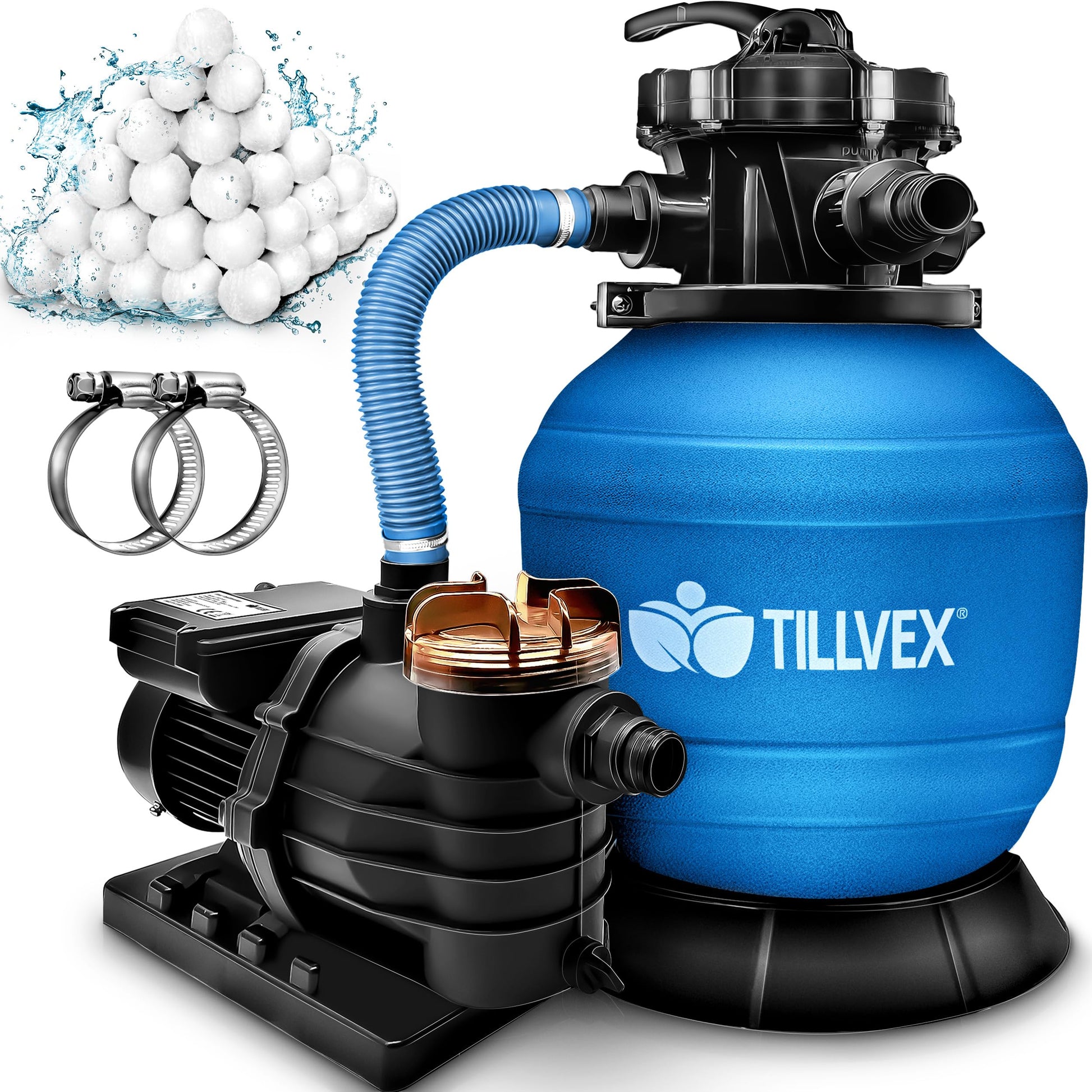 tillvex Sandfilteranlage 10 m³/h Poolfilter mit Filterbällen – Blau. Blaue Sandfilteranlage reinigt Poolwasser mit 10 m³/h Kapazität und Filterbällen.