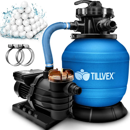 tillvex Sandfilteranlage 10 m³/h Poolfilter mit Filterbällen – Blau. Blaue Sandfilteranlage reinigt Poolwasser mit 10 m³/h Kapazität und Filterbällen.