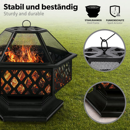 tillvex Feuerschale mit Funkenschutz 4-in-1 BBQ Grill Sechskant Schwarz