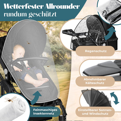 KESSER Loops 4-in-1 Kombikinderwagen mit Babyschale, Schwarz