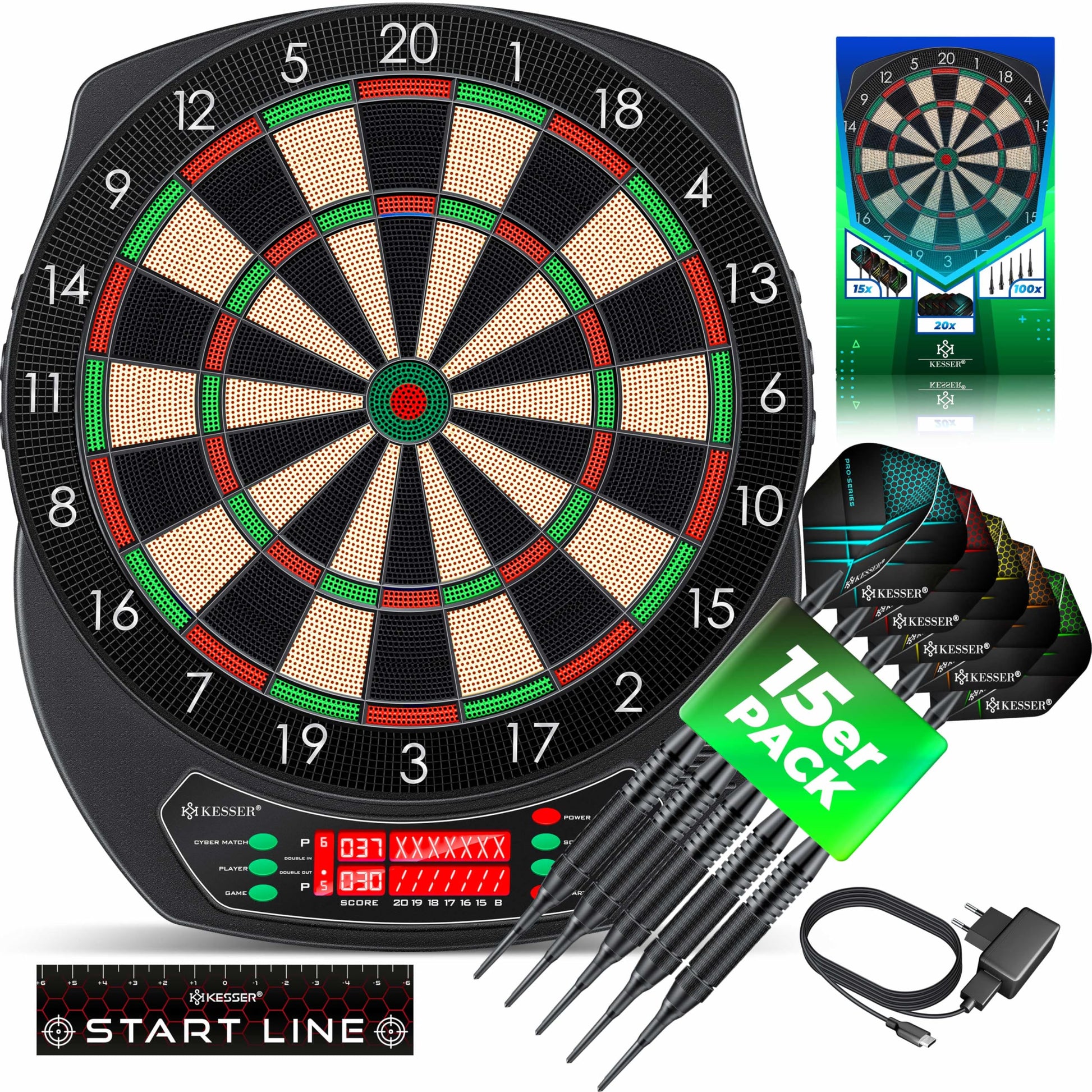 KESSER Elektronische Dartscheibe Profi Set - 1-8 Spieler. Rund, schwarz, farbige Segmente. Elektronisches Darts für 1-8 Spieler.