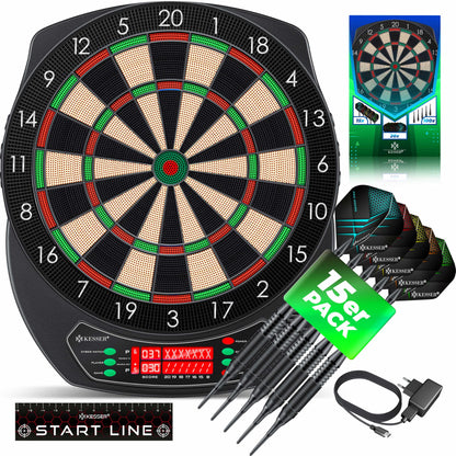 KESSER Elektronische Dartscheibe Profi Set - 1-8 Spieler. Rund, schwarz, farbige Segmente. Elektronisches Darts für 1-8 Spieler.