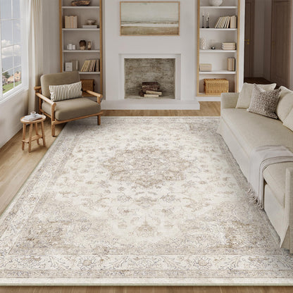 PureCozy Vintage Teppich Beige 200 x 300 cm waschbar rutschfest, Kurzflor mit Retro-Muster
