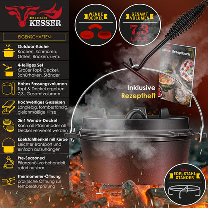 KESSER Dutch Oven Set 7,3 Liter Gusseisen Feuertopf mit Deckelheber