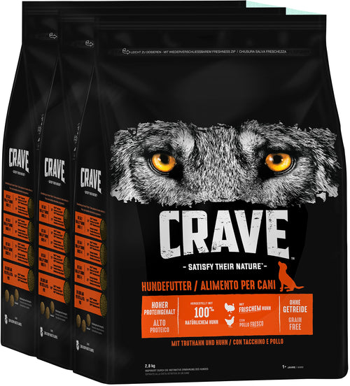 Crave Adult Trockenfutter Hund Truthahn & Huhn Getreidefrei 3x2,8kg