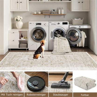 Vintage Hellbraun Waschbarer Kurzflor Teppich 240x300cm Wohnzimmer