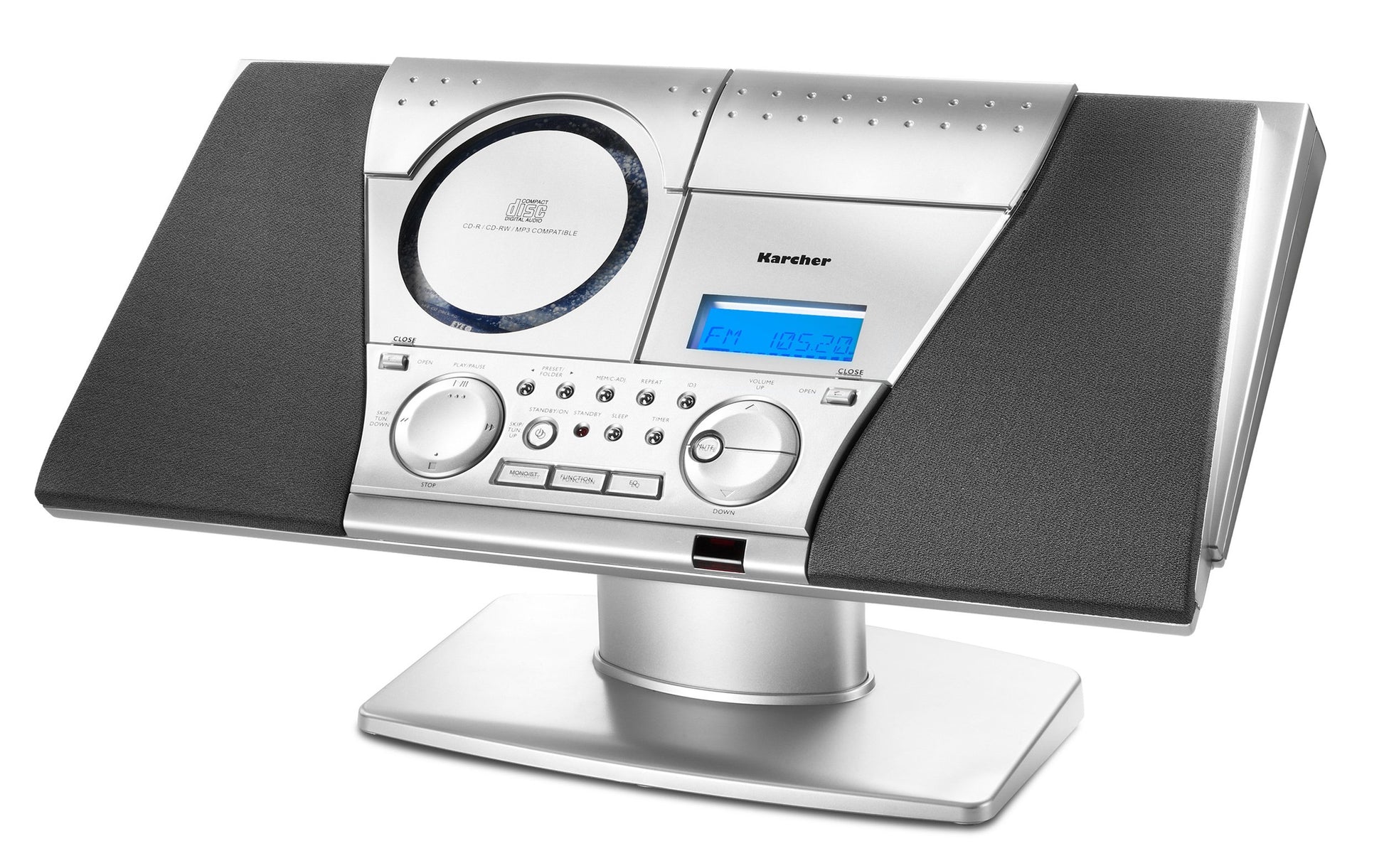 Karcher MC 6550N vertikale Kompaktanlage CD Kassette - Silber. Silberne, vertikale Stereoanlage spielt CDs und Kassetten.