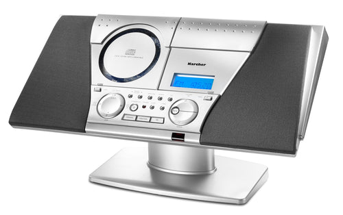 Karcher MC 6550N vertikale Kompaktanlage CD Kassette - Silber. Silberne, vertikale Stereoanlage spielt CDs und Kassetten.