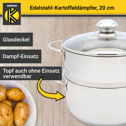 Krüger Edelstahl-Kartoffeldämpfer 20 cm Dampfgarer mit Glasdeckel