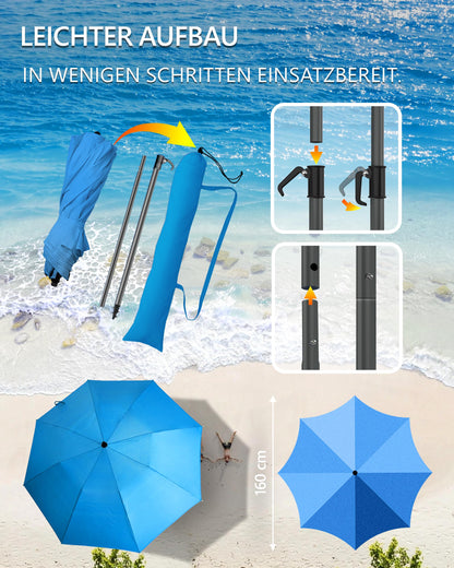 4smile Reise-Sonnenschirm Strand Ø 160 cm, blau, faltbar, UPF 50+