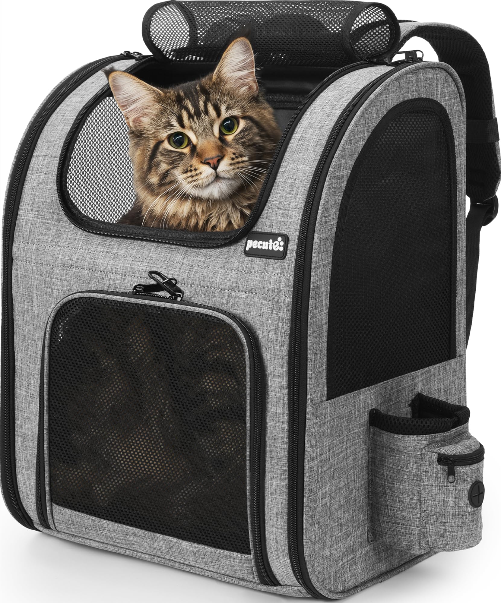 pecute Haustier-Rucksack XL für Katzen und Hunde, faltbar, grau – Oxford-Gewebe mit Netzfenstern