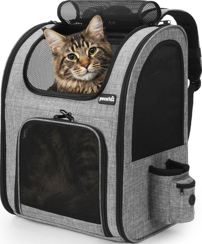 pecute Haustier-Rucksack XL für Katzen und Hunde, faltbar, grau – Oxford-Gewebe mit Netzfenstern