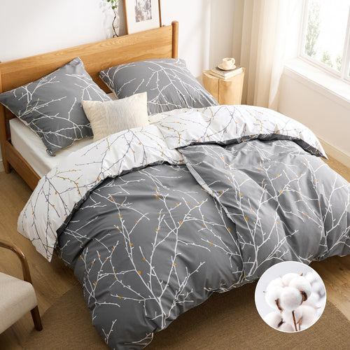 BEDSURE Bettwäsche Set Baumwolle 4teilig, Grau, 135x200 cm mit Zweige-Muster und Kissenbezügen