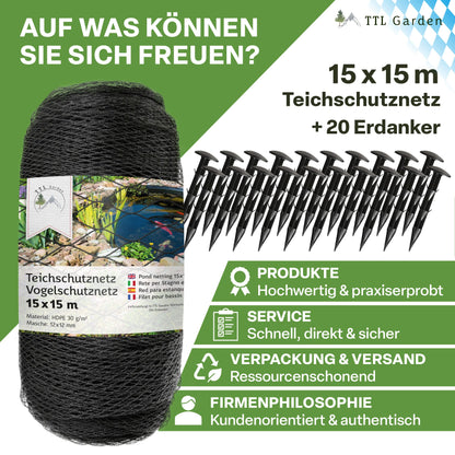TTL Garden Teichnetz Vogelschutznetz - 15x15m Schwarz 12x12mm