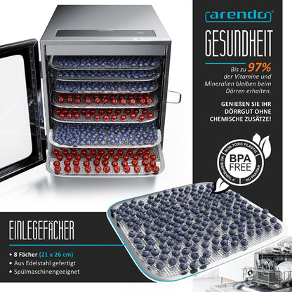 Arendo Dörrautomat Edelstahl – 8 Fächer, 500W Lebensmittel Dehydrator