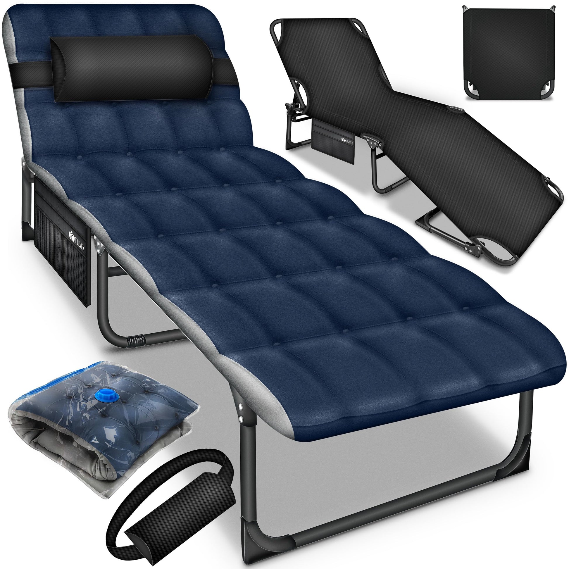 tillvex Campingbett klappbar mit Nackenkissen und Seitentasche – Feldbett mit Stahlrahmen für Camping und Garten