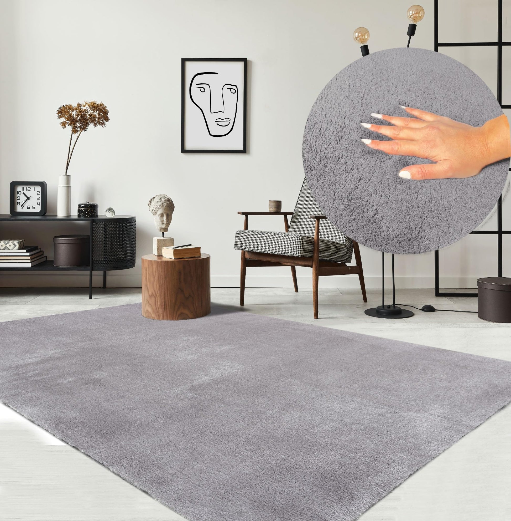 the carpet Relax Kurzflor-Teppich in Felloptik, Grau, 200 x 280 cm, waschbar, rutschfeste Unterseite