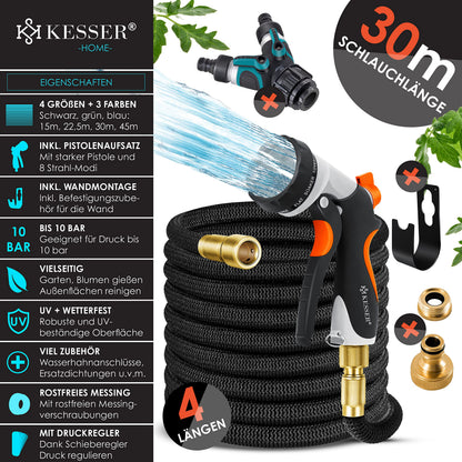 KESSER Flexibler Gartenschlauch 30 m mit 8 Modi Sprühpistole, schwarz
