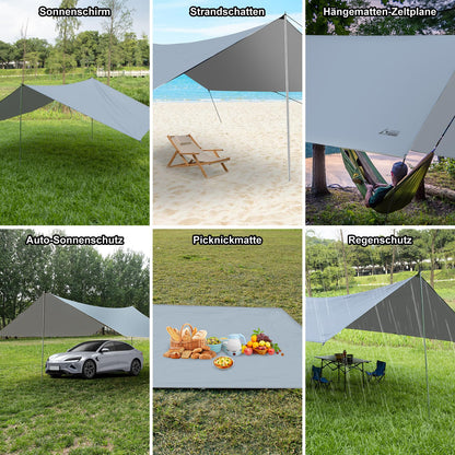 WADEO Camping Tarp Zeltplane wasserdicht 3,6 x 4,8 m mit Stangen, Grau