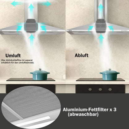 CIARRA CAS9201A Dunstabzugshaube 90 cm Umluft Abluft Pyramide Silber