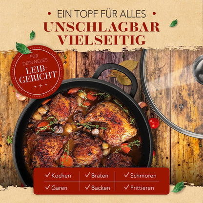 KRUSTENZAUBER 28cm Aluguss Bräter - Induktion mit Glasdeckel 6L