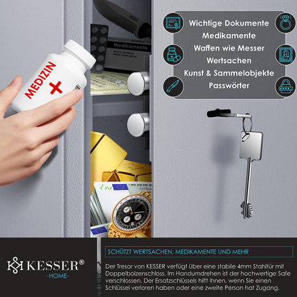 KESSER Safe Möbeltresor Doppelbartschloss – 50x35x31cm Silber